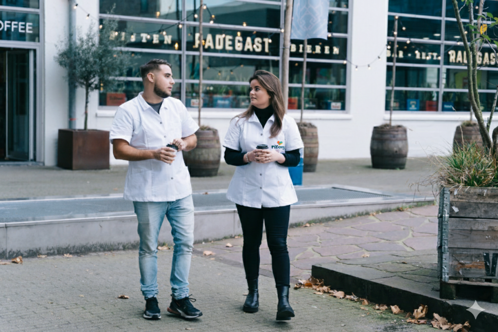 Twee P1Zorg-zorgprofessionals in de herkenbare witte P1Zorg-kleding