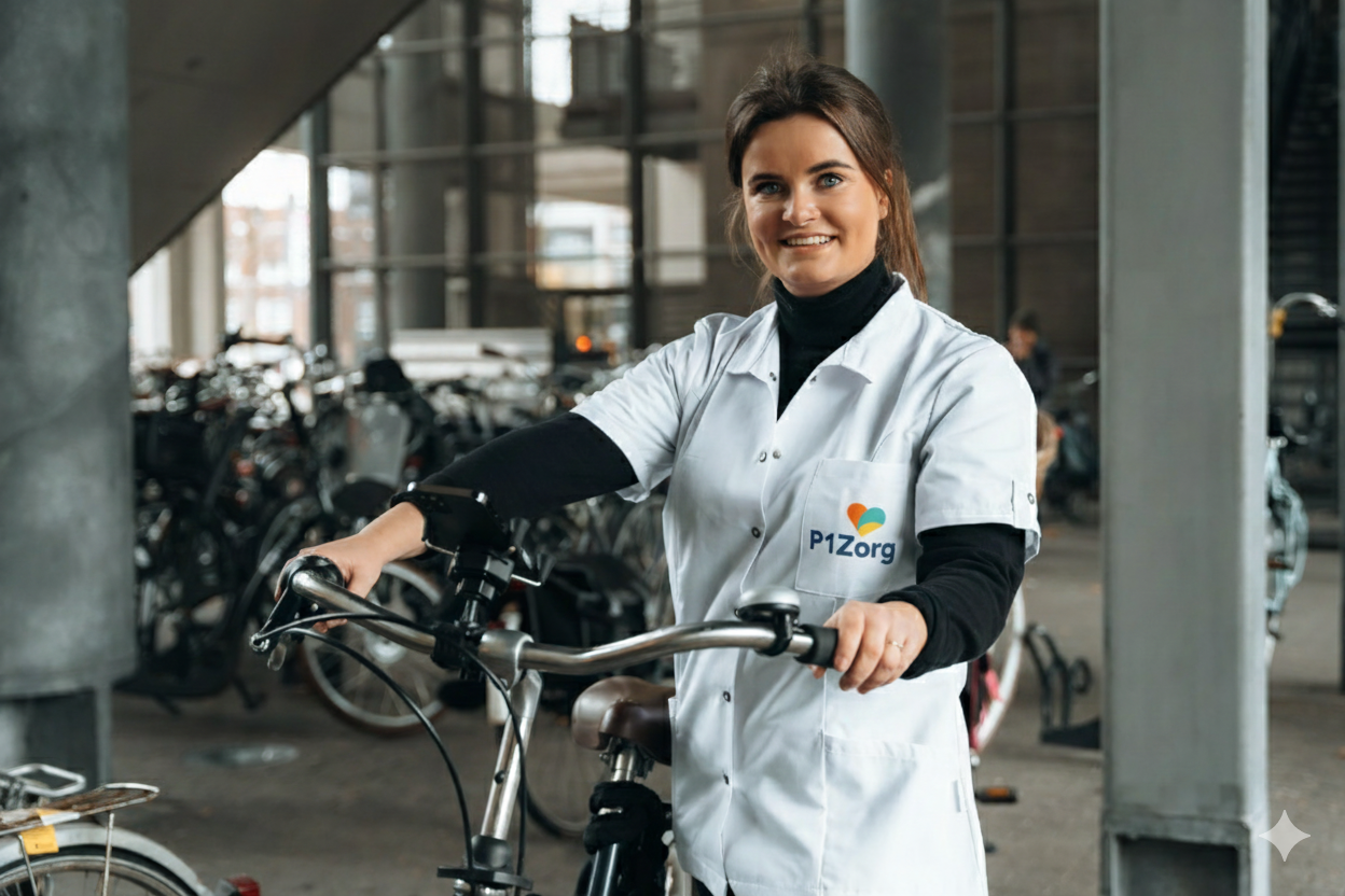 Zorgprofessional van P1Zorg bij haar fiets