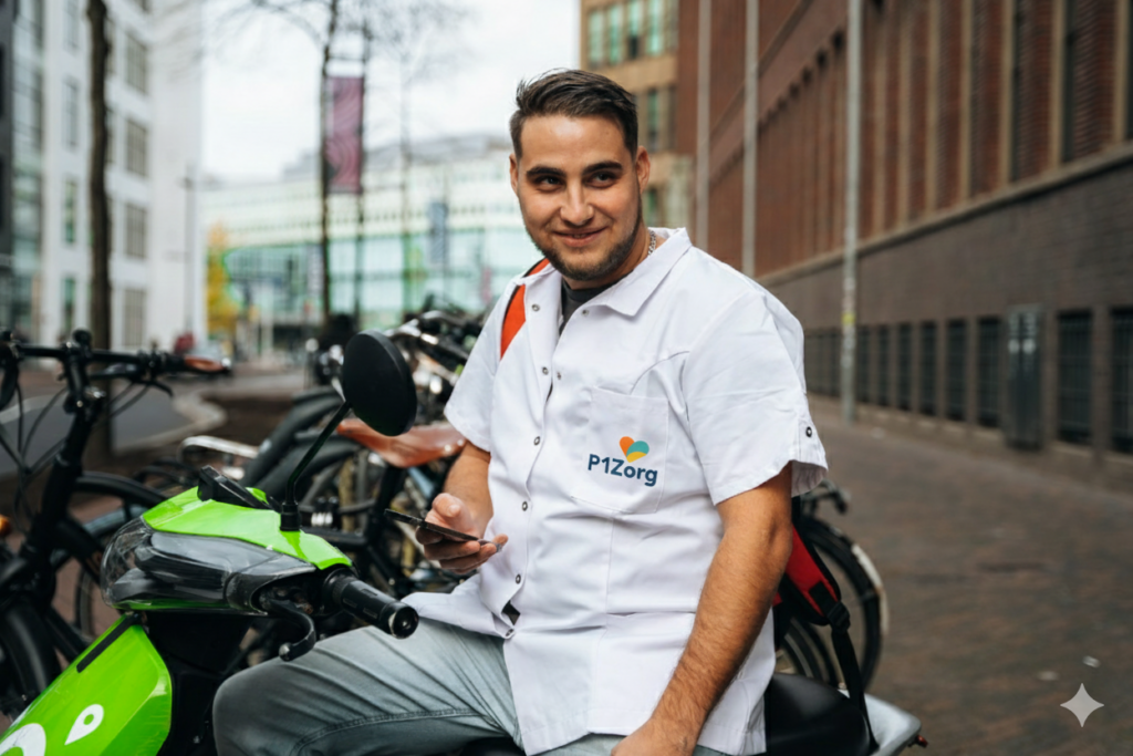 Zorgprofessional in P1Zorg-kleding bij een scooter